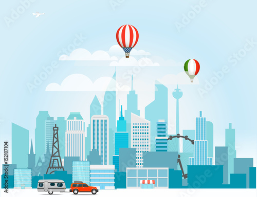 Modern cityscape vector illustration. Around the world concept