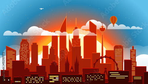Modern cityscape in the evening vector illustartion. Big city scene