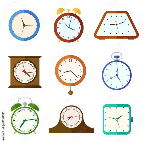 Wall clock and alarm clocks, time vector flat icons