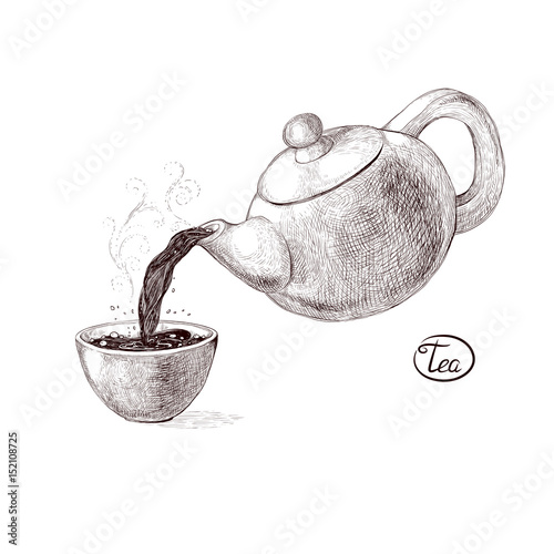 Vector sketch illustration of fresh welded hot and flavored morning tea from the teapot poured into the teacup. Drink with splashes and steam pouring into the bowl. Imitation vintage engraving.