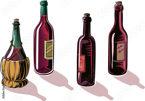 bottles of wine and a flask.