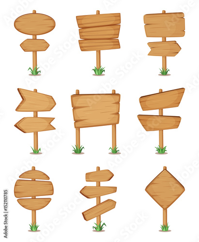 Empty wooden round and square signpost standing in grass. Vector illustration set