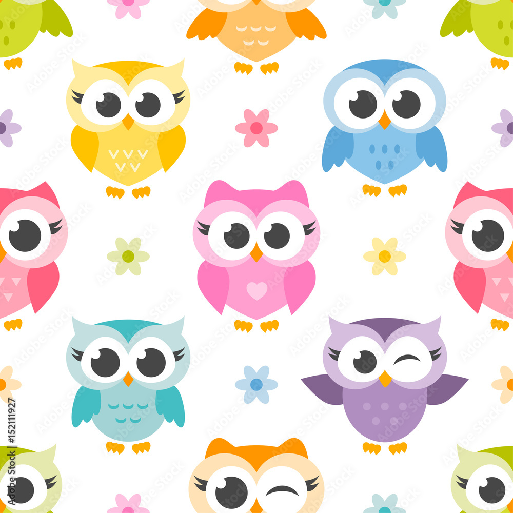pattern with cute colorful owls and flowers