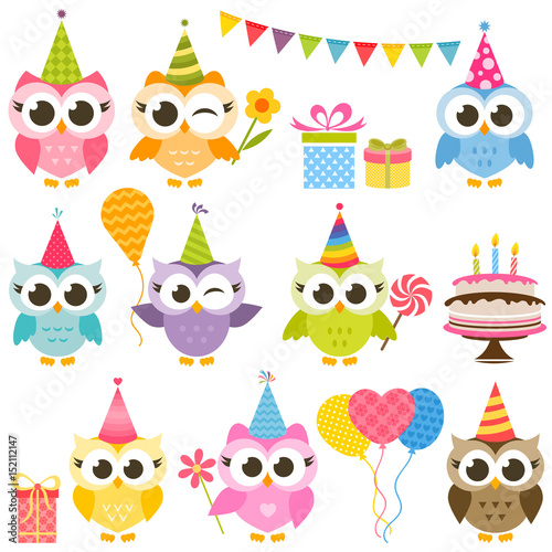 set of cute colorful owls on Birthday party