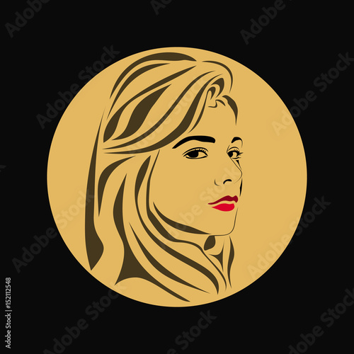 Beauty logo. Woman's face. Abstract concept. Flat design. Vector illustration, gold-black background.