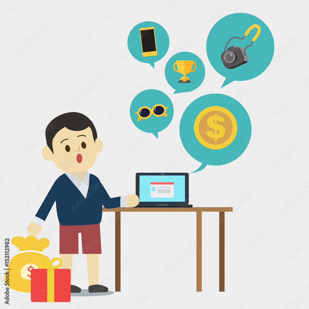 Young man investing in online market vector.Man get reward from investing with laptop and reward icons.Man auction on laptop. Young man investing in online market vector.Man get reward from investing with laptop and reward icons.Man auction on laptop.