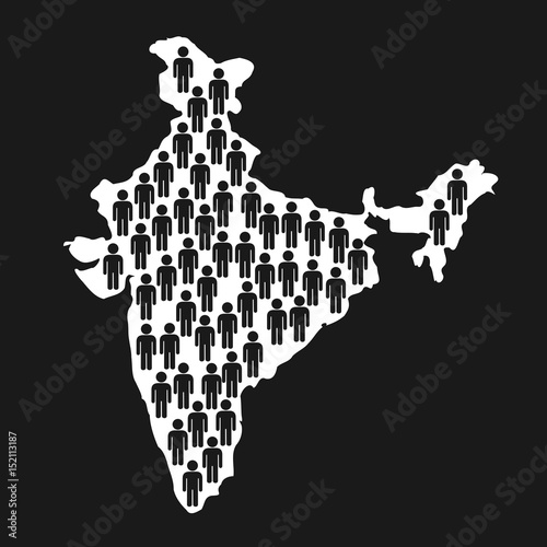 Silhouette of India with symbol of man. Human overpopulation in Indian state - crowded area, uncontrolled birth rate, humanitarian catastrophe, unsustainable demography.Black/white vector illustration
