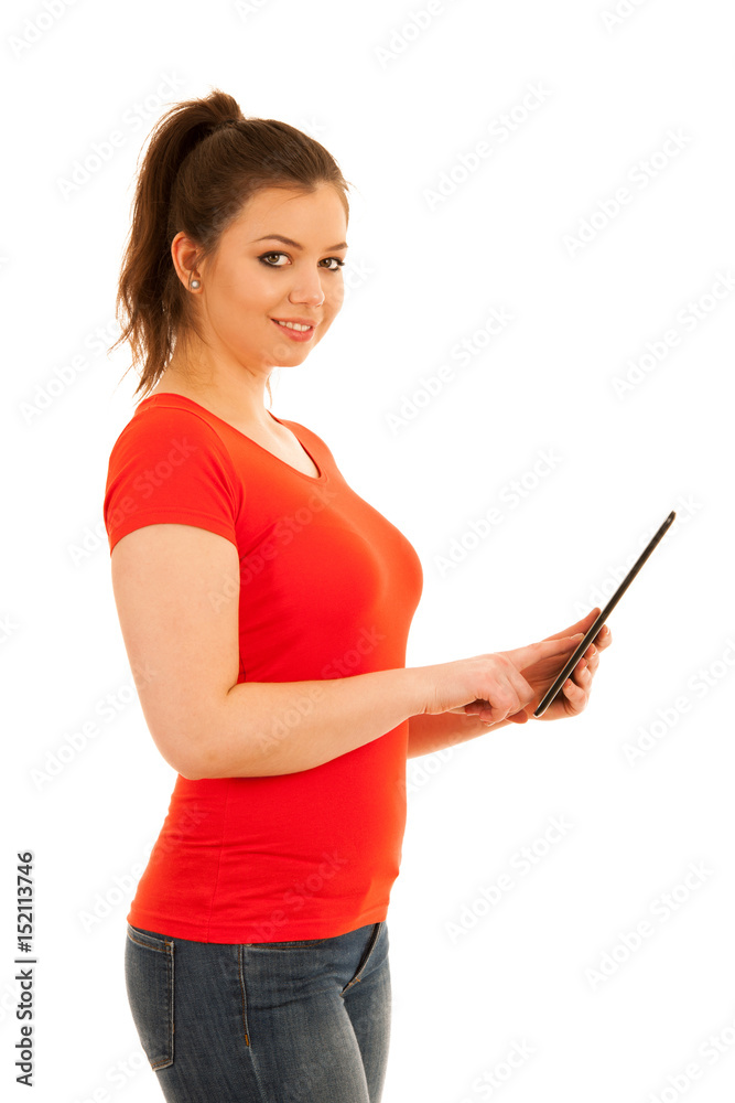 woman holding a tablet isolated over white woman holding a tablet isolated over white