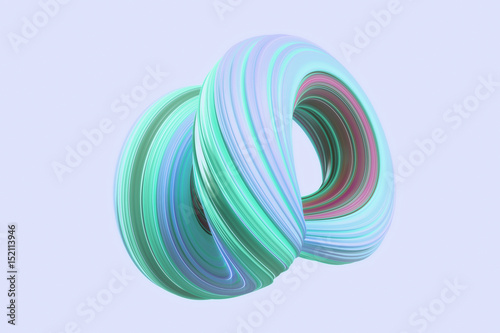 purple and green colored abstract twisted shape isolated on purple background. Computer generated geometric. 3D rendering.
