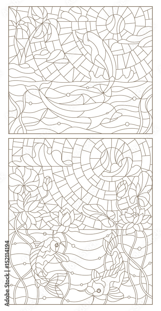 Set contour illustrations of stained glass with fish, dolphins and fish carp