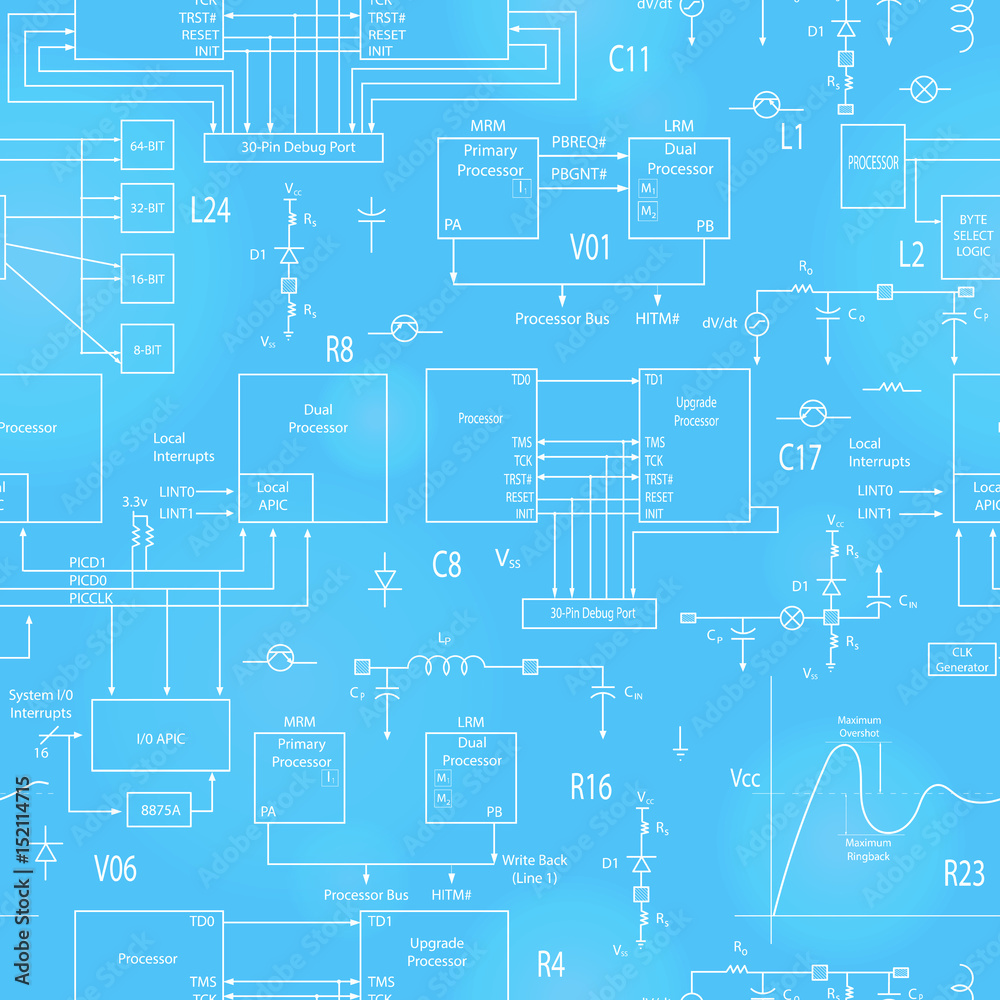 Seamless background with elements of electronic circuits, in the style of technical documentation , the bright outline on a blue background Seamless background with elements of electronic circuits, in the style of technical documentation , the bright outline on a blue background