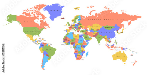 Color world map with the names of countries. Political map. Every country is isolated.
