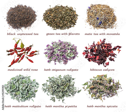 Set of dry tea leaves and herbs isolated on a white background. Black and green tea, mate tea, wild rose, origanum vulgare, hibiscus calyces, marrubium vulgare, mentha piperita and mentha spicata photo