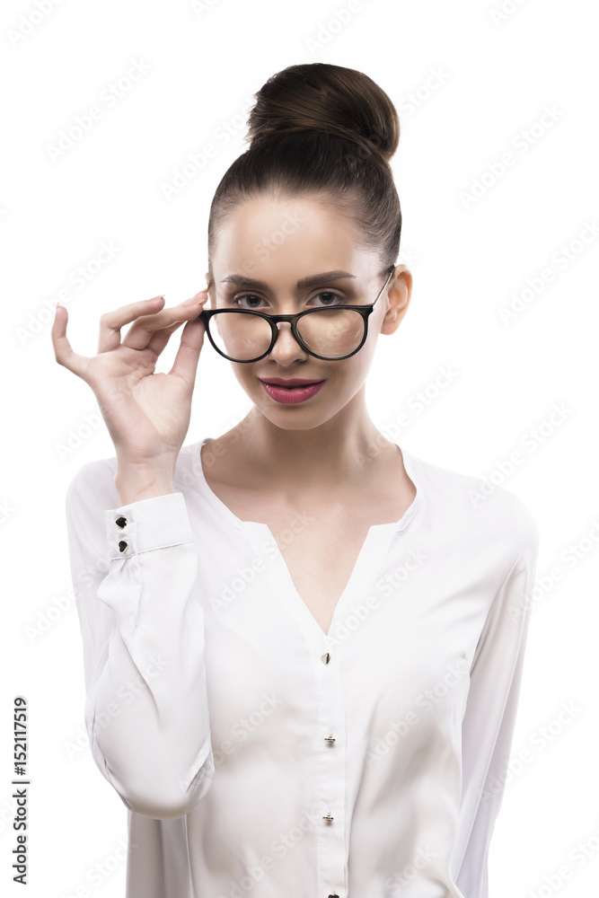 female portrait in glasses on a white background female portrait in glasses on a white background