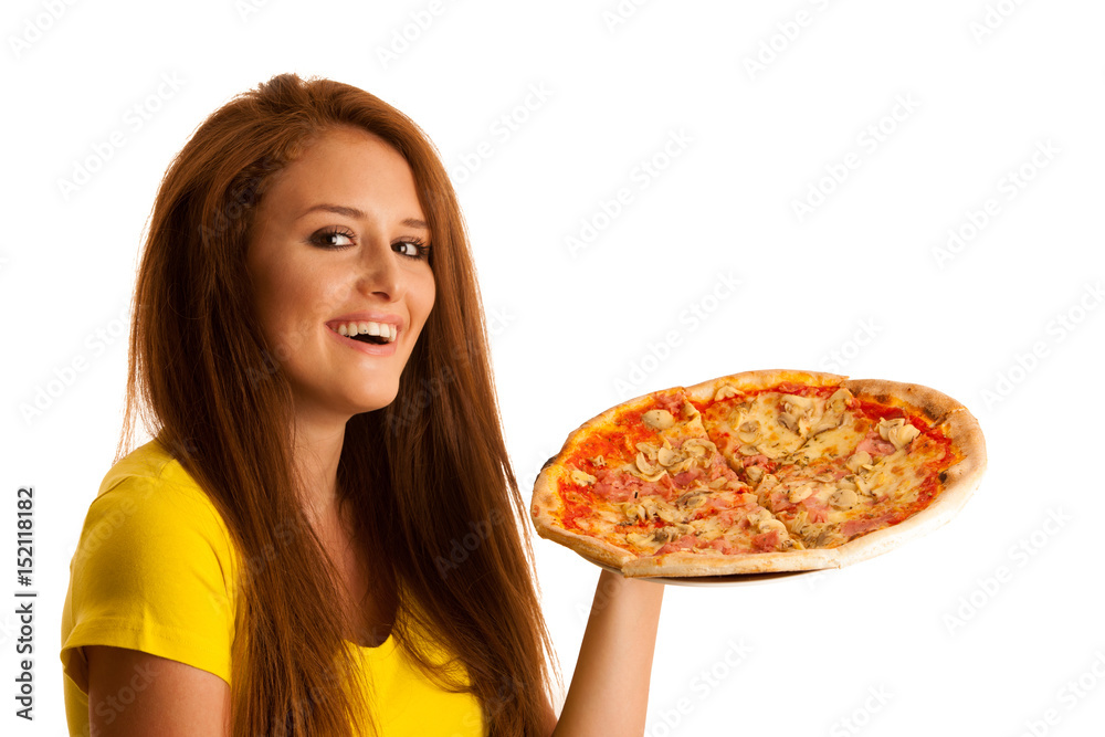 woman eats delicious pizza isolated over white background woman eats delicious pizza isolated over white background