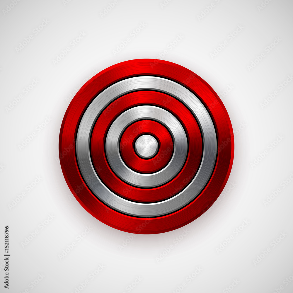 Red technology circle badge, abstract geometric perforated button template with metal texture, chrome, silver, steel, bronze and realistic shadow for logo, design, web, apps. Vector illustration. Red technology circle badge, abstract geometric perforated button template with metal texture, chrome, silver, steel, bronze and realistic shadow for logo, design, web, apps. Vector illustration.