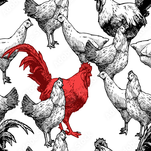 Pattern with hens and red cock