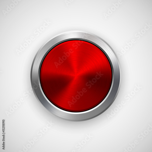 Red technology circle badge, abstract geometric perforated button template with metal texture, chrome, silver, steel, bronze and realistic shadow for logo, design, web, apps. Vector illustration.
