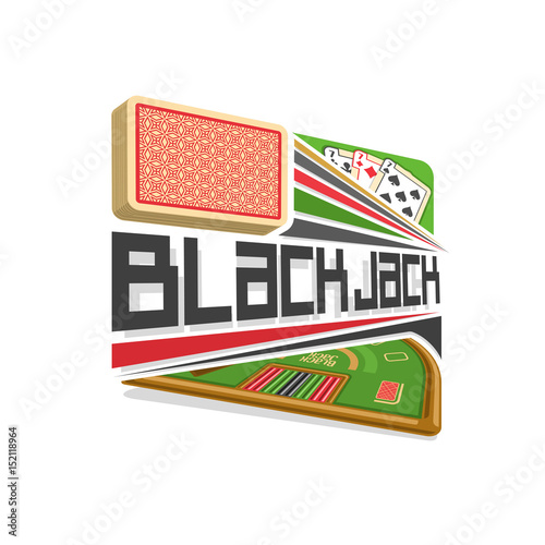 Vector logo for Blackjack gamble: red deck of playing cards, three seven different suits, title text - black jack, abstract icon with green table for gambling game, symbol of blackjack for casino club