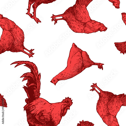 Pattern with red hens and cock