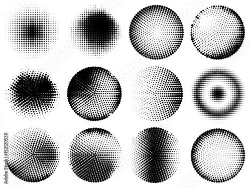 Set of black abstract halftone dot circle backgrounds. Vector illustration