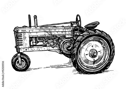 Fototapeta Wektor rysunek ciągnika, stylizowane na grawerowanie