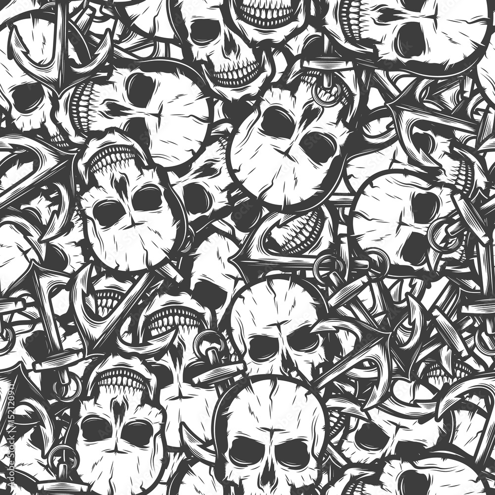 seamless pattern with skulls. Vector illustration background. Black and ...