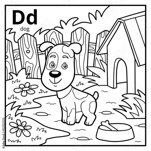 Coloring book, colorless alphabet. Letter D, dog