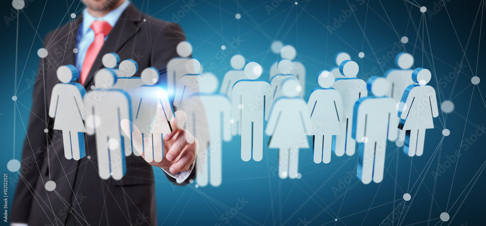 Businessman touching 3D rendering group of people with his finger Businessman touching 3D rendering group of people with his finger