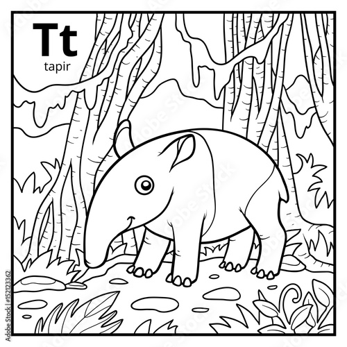 Coloring book, colorless alphabet. Letter T, tapir