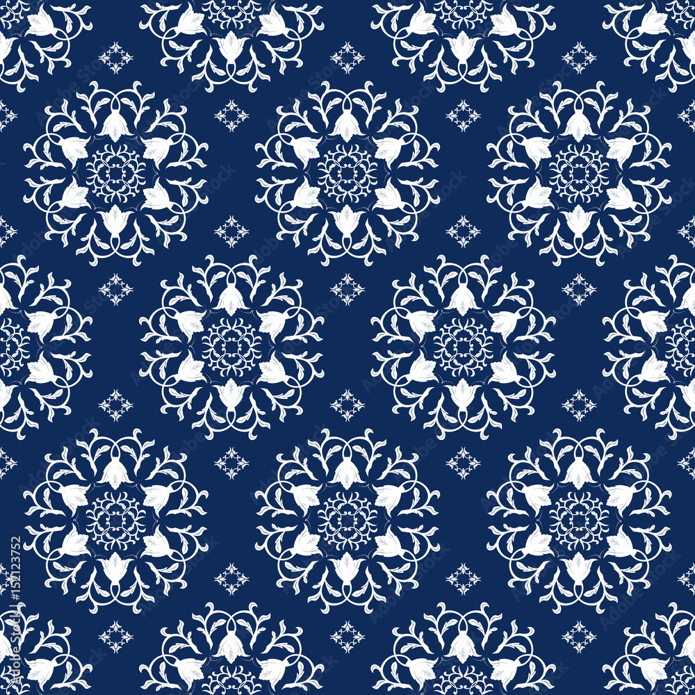 Floral pattern. Wallpaper baroque, damask. Seamless vector background. Dark blue and white ornament.