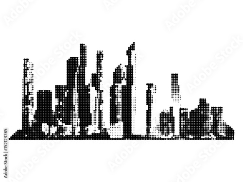 The silhouette of the city. Skyscrapers, High-rise buildings, halftone dot Monochrome city vector illustration