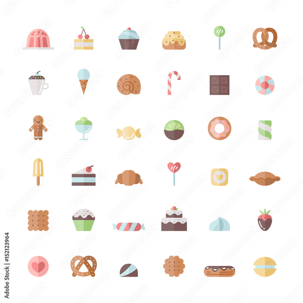 Sweets and pastries flat icon vector set. Sweets and pastries flat icon vector set.