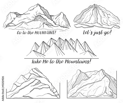 Set of different pictures with mountains.  Vector illustration of a sketch style.