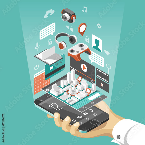 Isometric smart phone interface. Screen with different apps and icons. Map on mobile application. 3d vector illustration. 