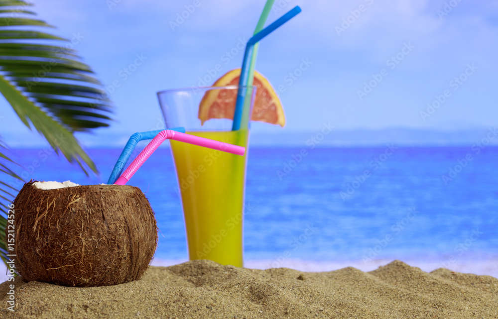 Summer sandy beach - cocktails and copy space Summer sandy beach - cocktails and copy space
