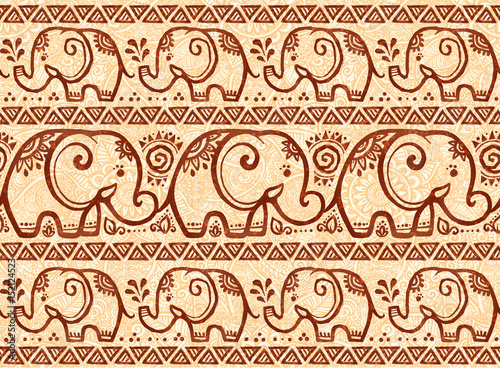 Henna mehndi style vector tiny elephants seamless pattern