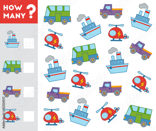 Counting Game for Children. Count how many transport objects and write the result!