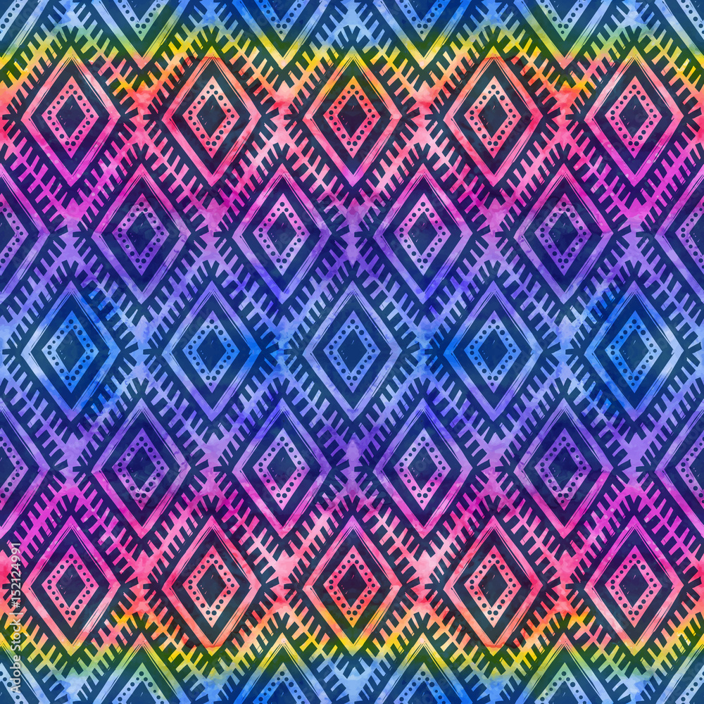 Dark blue tribal ornament on rainbow background vector seamless pattern