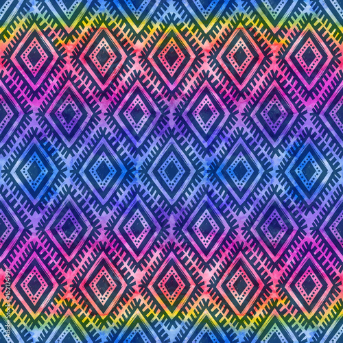 Dark blue tribal ornament on rainbow background vector seamless pattern