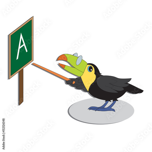 Vector cute cartoon personage toucan near the schoolboard.