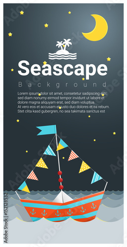 Seascape background with Colorful paper ship , vector , illustration