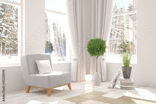 White room with armchair and winter landscape in window. Scandinavian interior design. 3D illustration