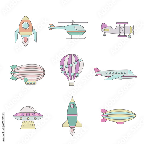 Air transportation outline colored icon set. Part five.