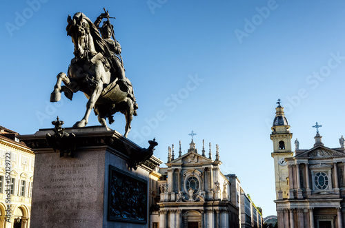 Piazza San Carlo, one of the main squares of Turin (Italy) with its twin churches and the equestrian monument of king Emanuele Filiberto photo