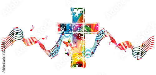 Colorful christian cross with stave and music notes isolated vector illustration
