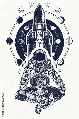 Space shuttle and astronaut in lotus position tattoo art. Symbol of meditation, education, science, harmony, yoga. Astronaut and Universe t-shirt design. Spaceman and shuttle