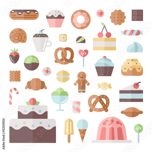 Sweets and pastries flat icon big square vector set.