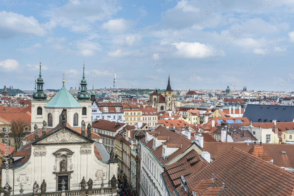 Aerial view of Old Prague, red tiled roofs, Czech Republic.