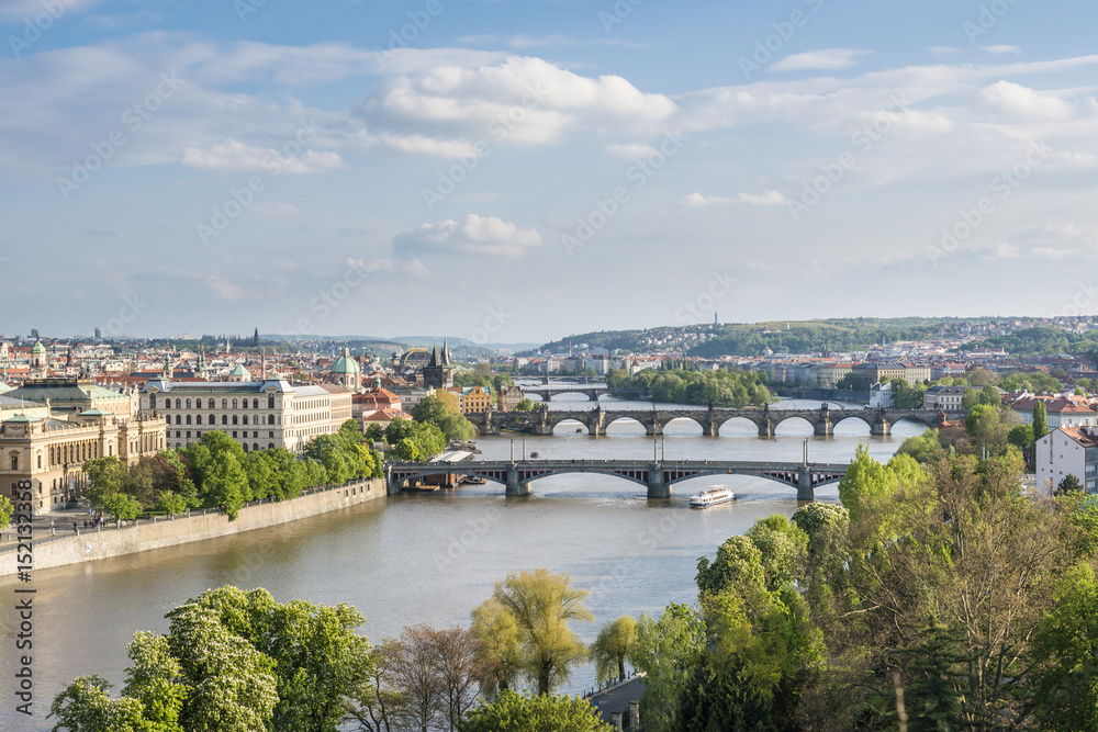 View of bridges on the Vltava river and historical center of Prague, Czech Republic